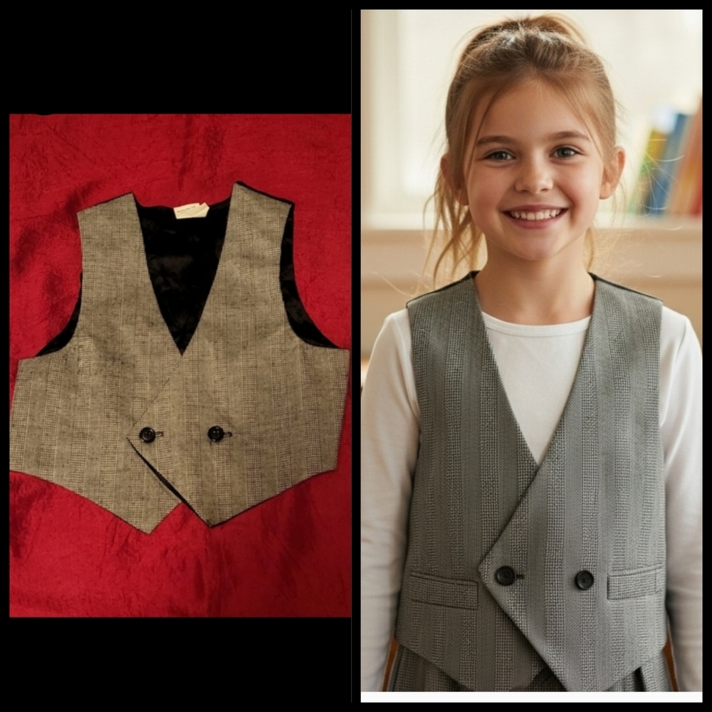 Vtg 70s 80s gray tweed black rayon girls or boys vest size 3-5 toddler unisex